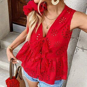 Red Boho Women's French Casual Sleeveless Floral Lace Blouse